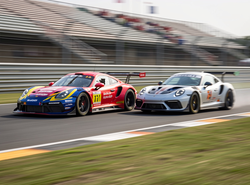 A prototype car passing a GT car on a straight during a multiclass sim race