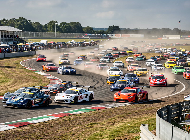 Wide view of a mixed field of prototypes and GT cars racing through traffic at an endurance event