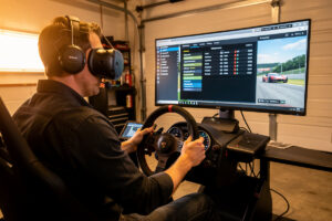 iRacing VR setup with headset on a direct-drive sim racing wheel