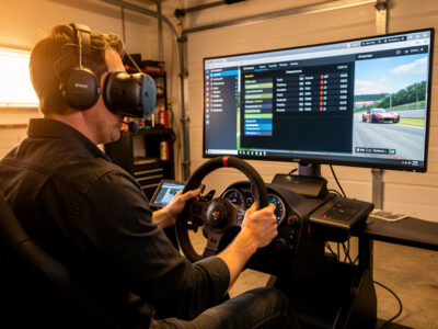 iRacing VR setup with headset on a direct-drive sim racing wheel