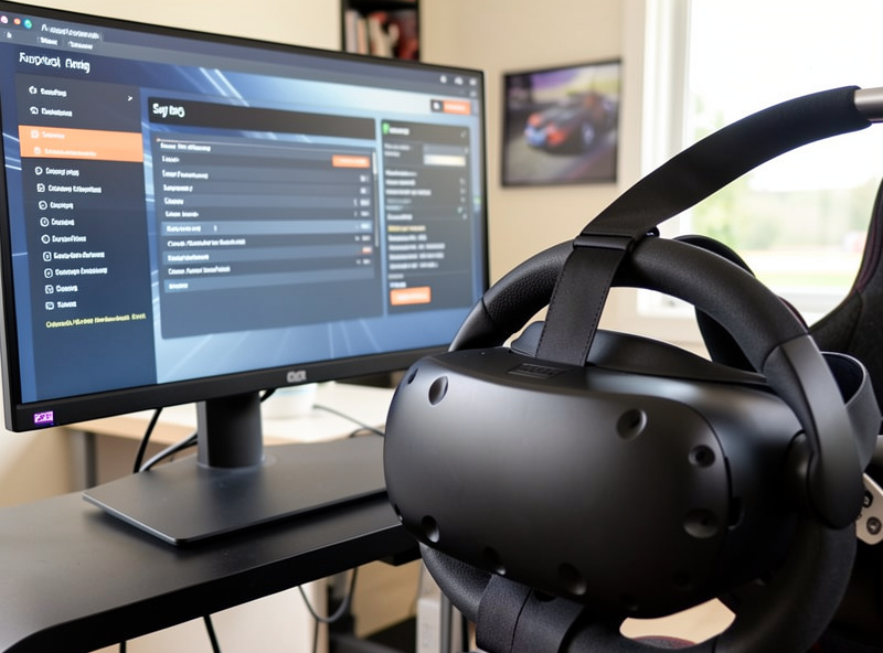iRacing graphics settings menu shown on a monitor while a VR headset rests on the sim racing wheel