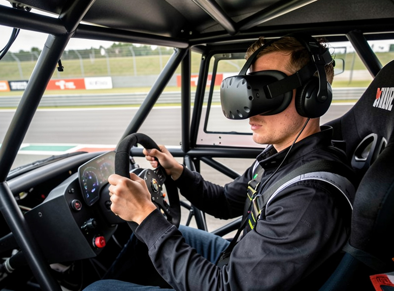 Driver in a VR headset seated in a sim racing cockpit mid-race with hands on a direct-drive wheel