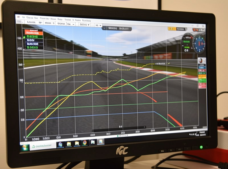 MoTeC i2 analysis software open on a sim racing lap with multiple data channels