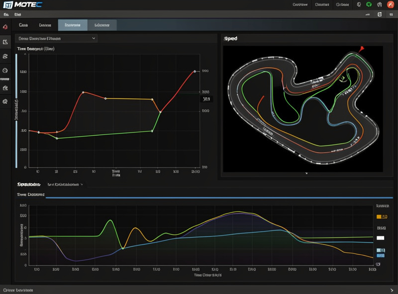 MoTeC workspace layout with time distance graph track map and speed channel for sim racing analysis