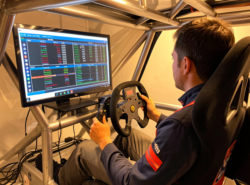 Sim racer studying MoTeC math channels and time variance trace during a post session debrief
