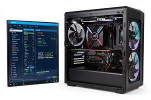 Performance tuning screen beside an open sim racing PC with a large air cooler