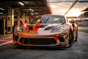 Sim racing GT car front end showing wheel camber and caster