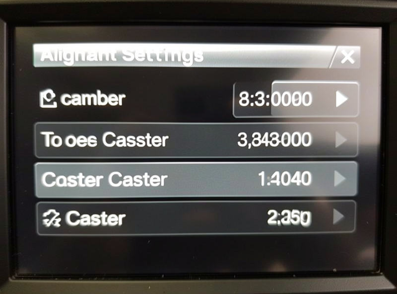 Sim racing alignment settings menu showing camber, toe and caster values