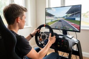 Beginner sim racer at a home cockpit with a formula-style wheel
