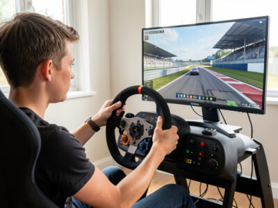 Beginner sim racer at a home cockpit with a formula-style wheel