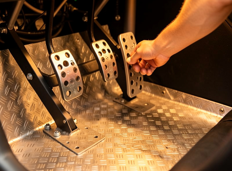 Beginner sim racer adjusting load-cell brake pedals on a home cockpit