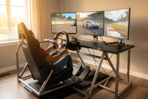 Home sim racing cockpit with welded steel frame, direct-drive wheelbase and triple monitors