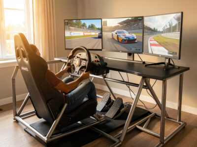 Home sim racing cockpit with welded steel frame, direct-drive wheelbase and triple monitors