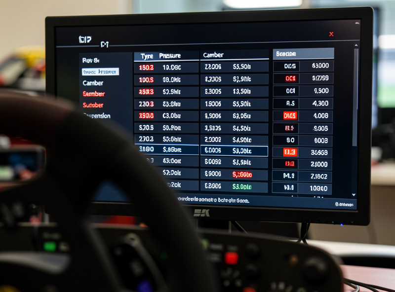 Sim racing setup menu on a triple-monitor cockpit with tyre and suspension values visible