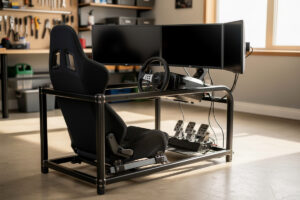 Rigid welded-steel sim racing cockpit with bucket seat, direct-drive wheelbase and load-cell pedals