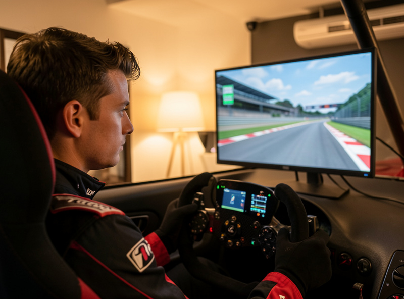 A focused sim racer in a cockpit during a long practice session with a race track on the monitor