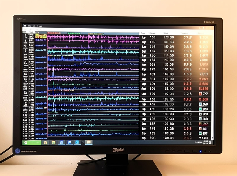 A monitor showing many overlaid lap traces stacked together and a list of nearly identical lap times