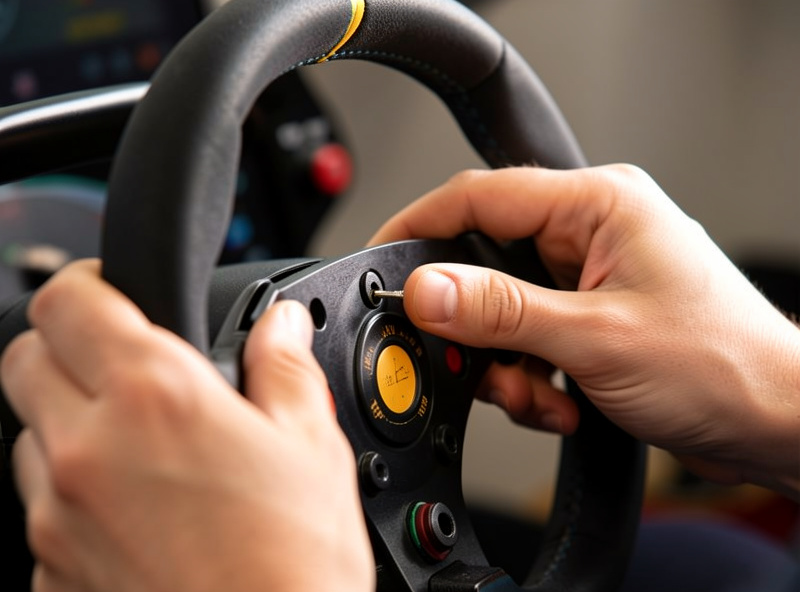Close-up of hands making a small precise steering correction on a sim racing wheel