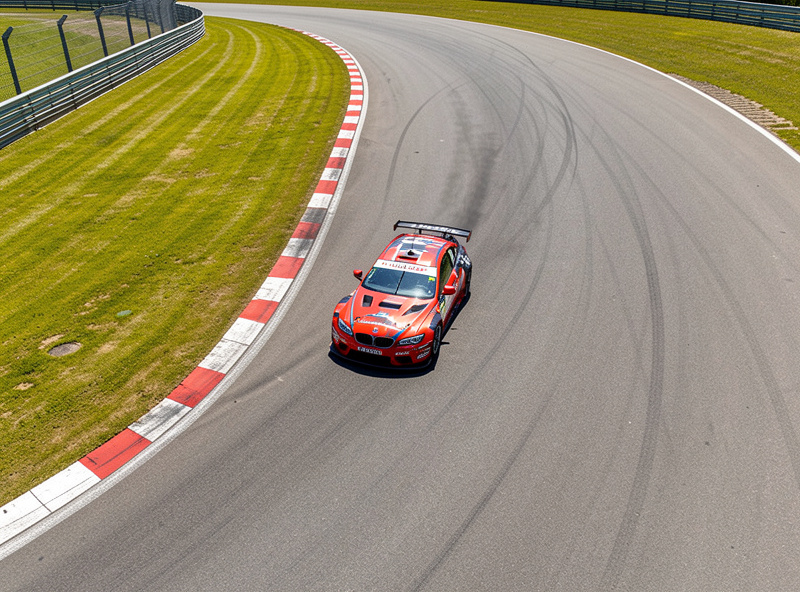 Aerial view of a race car taking the classic racing line through a corner with the apex kerb visible