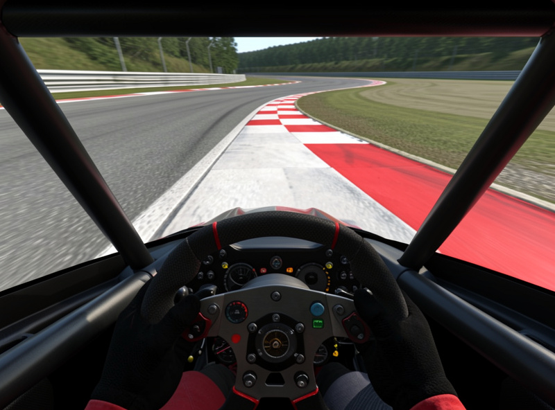 Cockpit point of view at the apex of a corner with a red and white kerb filling the screen