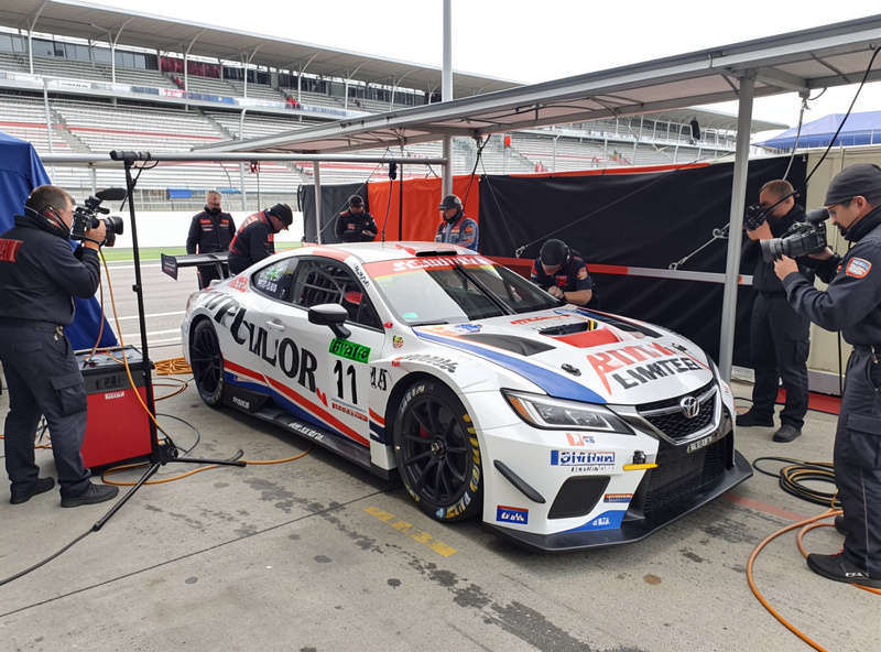Sim racing car stationary in the pit box during a driver swap in an endurance race