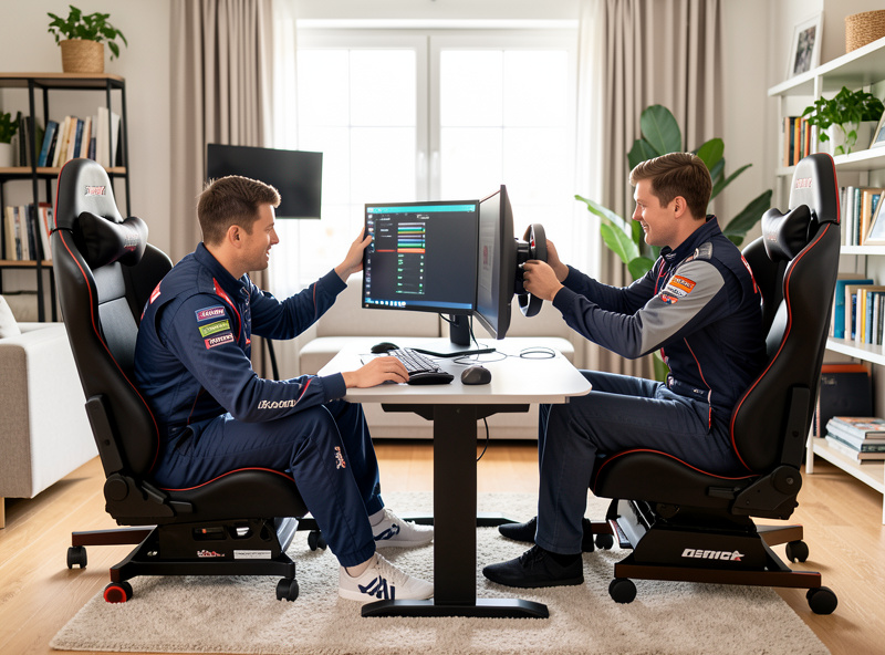 Driver changing seats at a sim racing rig during a team endurance handover