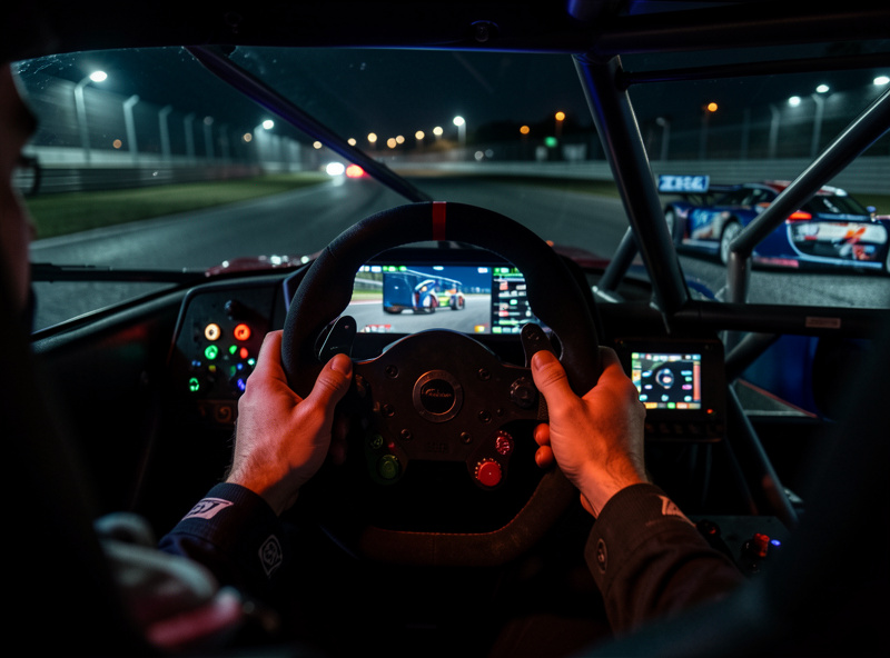 Dim sim racing cockpit during a long night endurance stint with triple monitors glowing