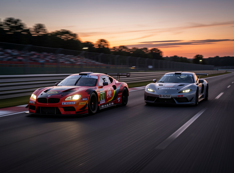 Multiclass sim racing scene with a prototype overtaking a GT car on a long straight