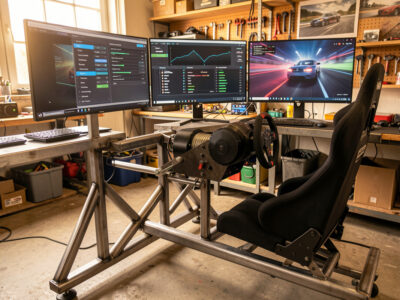 Sim racing cockpit with a direct-drive wheelbase and force feedback tuning menu on a triple-monitor setup