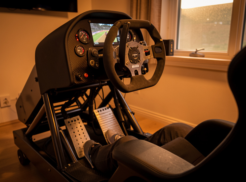 Sim racing cockpit with load-cell pedals and direct-drive wheelbase set up for force feedback tuning