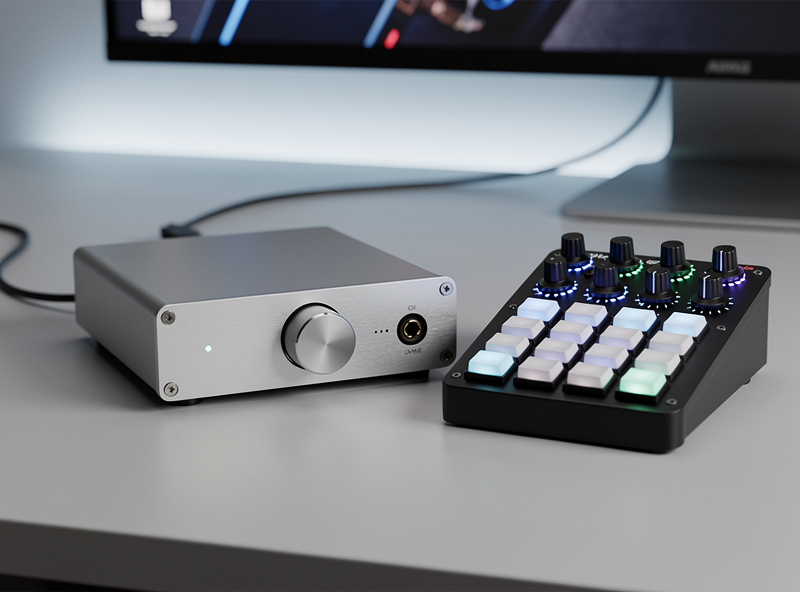 Desktop headphone amplifier next to sim racing button box