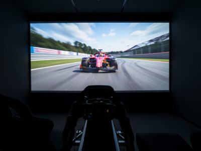 Sim racing cockpit facing a large projected racing image in a dark room