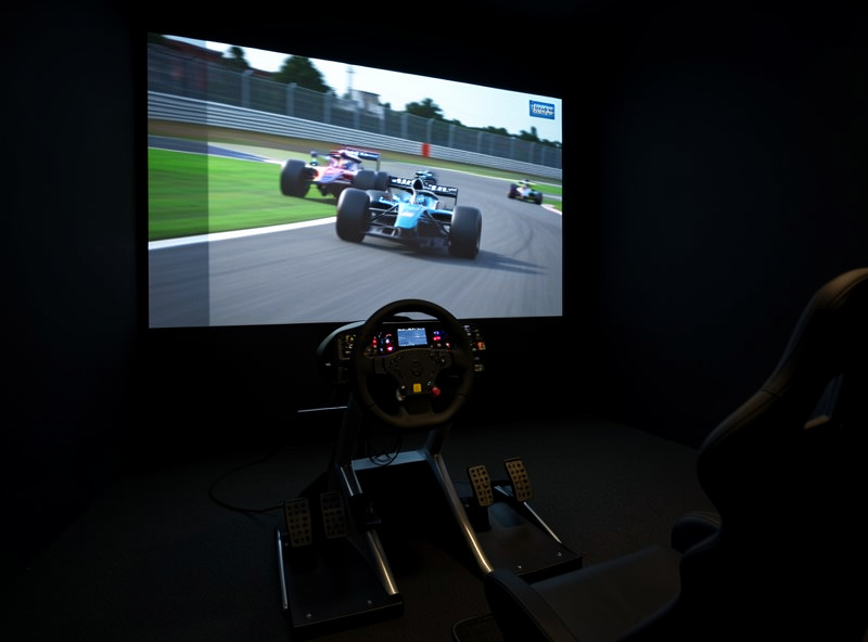 A sim racing cockpit facing a large projected racing image on a wall