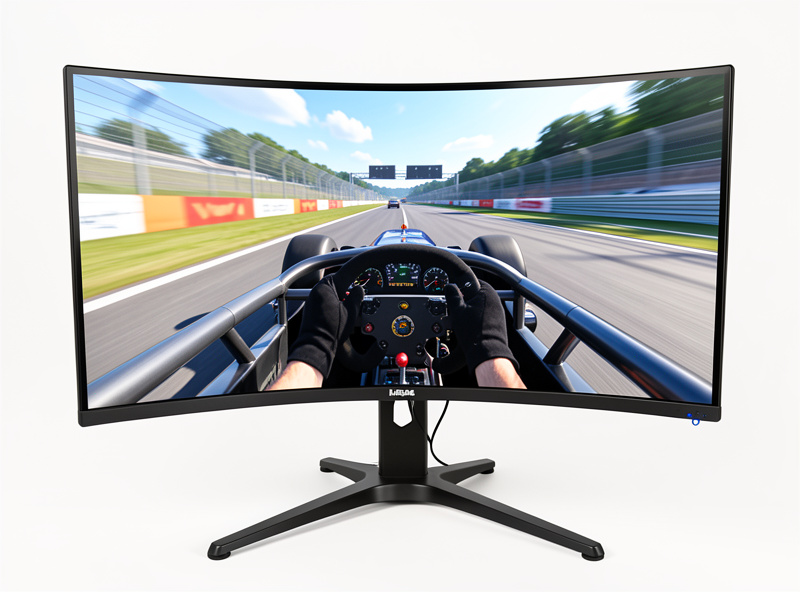 A high refresh gaming monitor mounted on a sim racing rig showing a racing game