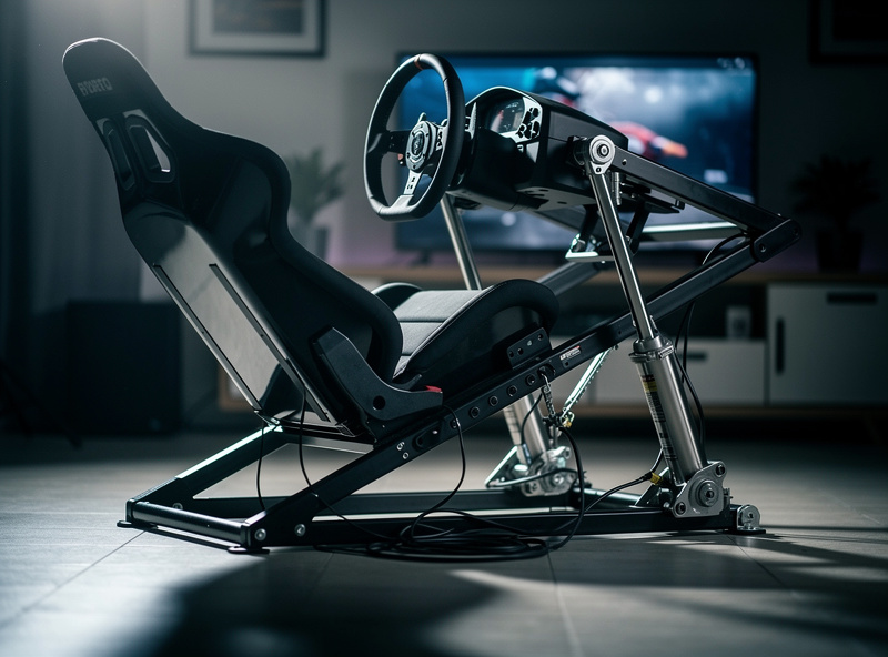 2DOF actuated sim racing motion platform pitched under braking in a home cockpit