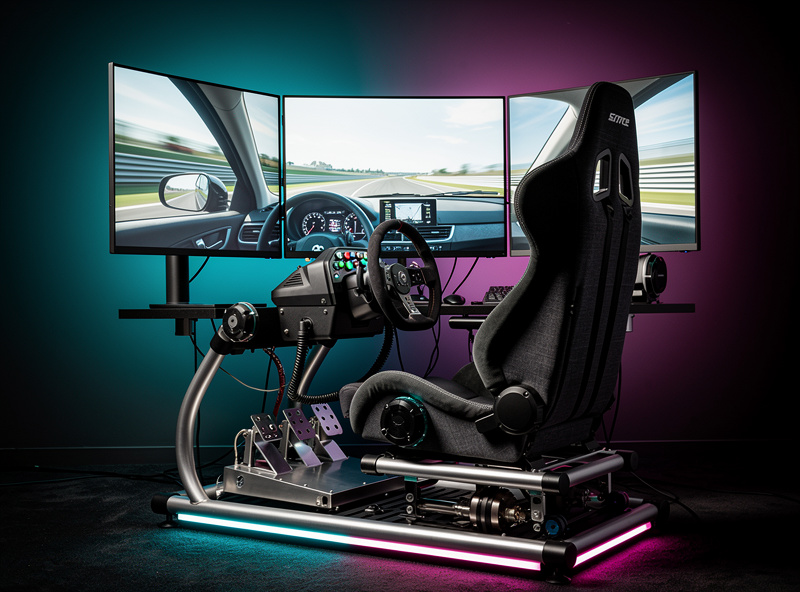 Complete sim racing cockpit with triple monitors, bass shakers and a motion platform base