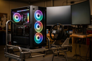 Custom gaming PC tower mounted on a welded steel sim racing cockpit with a wheelbase and triple monitors