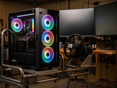 Custom gaming PC tower mounted on a welded steel sim racing cockpit with a wheelbase and triple monitors