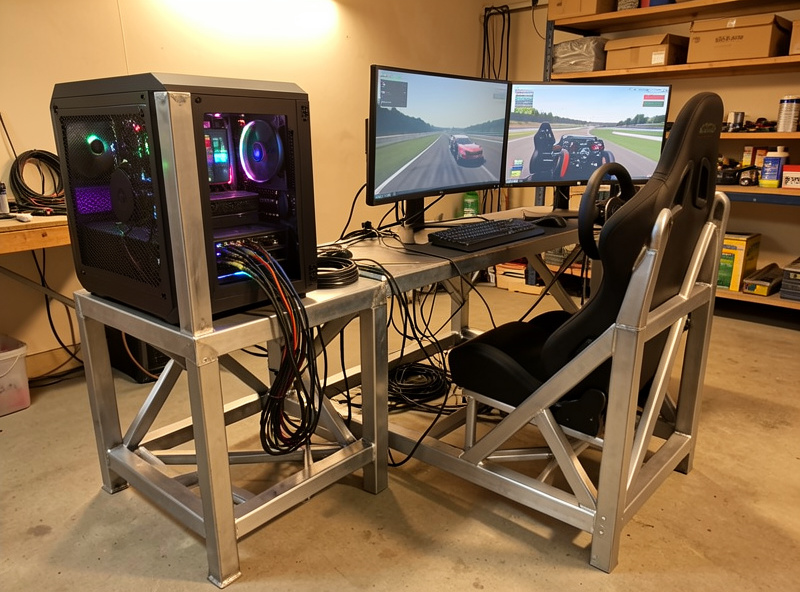Sim racing PC tower mounted beside a welded steel cockpit with a wheelbase and triple monitors
