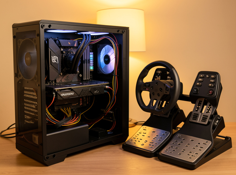 Completed sim racing PC build with cables managed, mounted next to pedals and a wheelbase