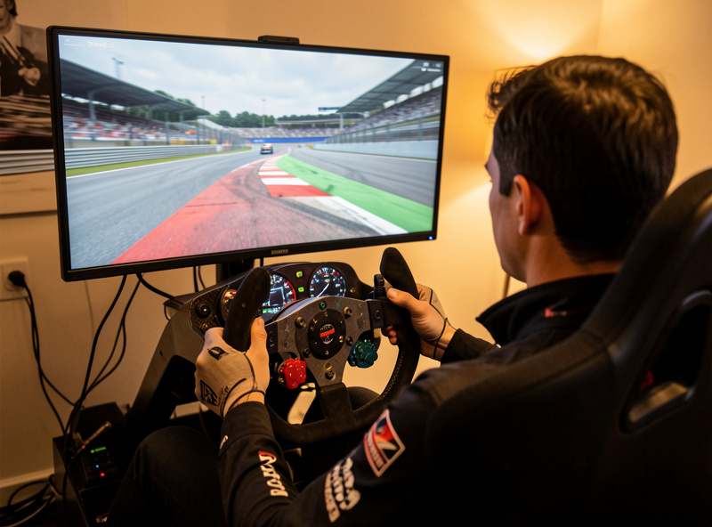 A person seated in a sim racing cockpit from behind, hands on the wheel, a single corner on the monitor