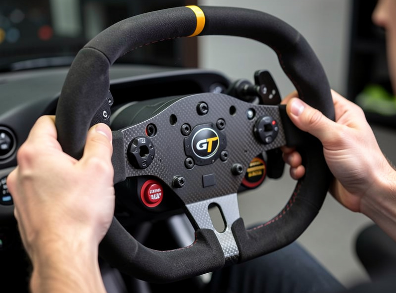 Close-up of two hands gripping a GT style sim racing wheel rim with paddle shifters