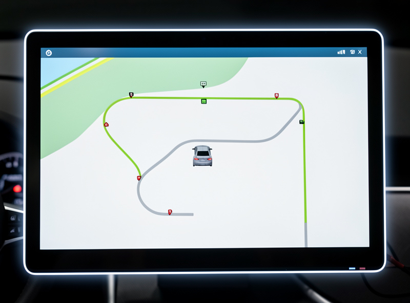 A racing simulator screen showing a simple track map with corner reference markers
