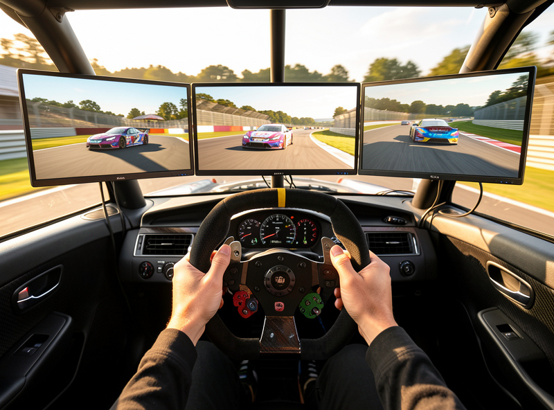 Cockpit point of view inside a sim racing rig with a direct drive wheel and triple monitors showing a corner