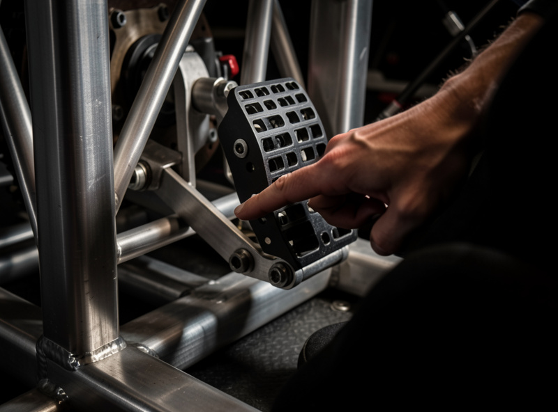 Close-up of a load-cell brake pedal on a welded steel sim racing rig with a foot pressing the pedal