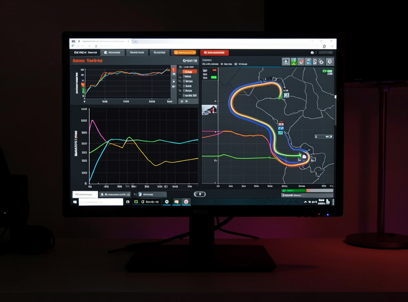 A monitor showing a sim racing telemetry overlay with brake and throttle traces and a track map