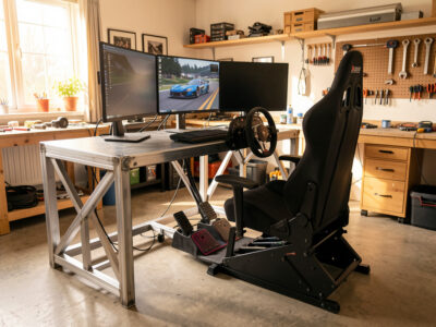 DIY sim racing cockpit rig with welded steel and aluminum profile frame, triple monitors and load-cell pedals in a home workshop
