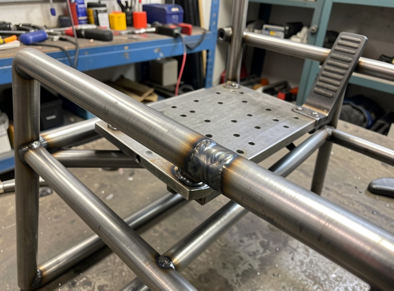 DIY welded steel sim racing rig frame in a home workshop showing the pedal deck and wheel deck