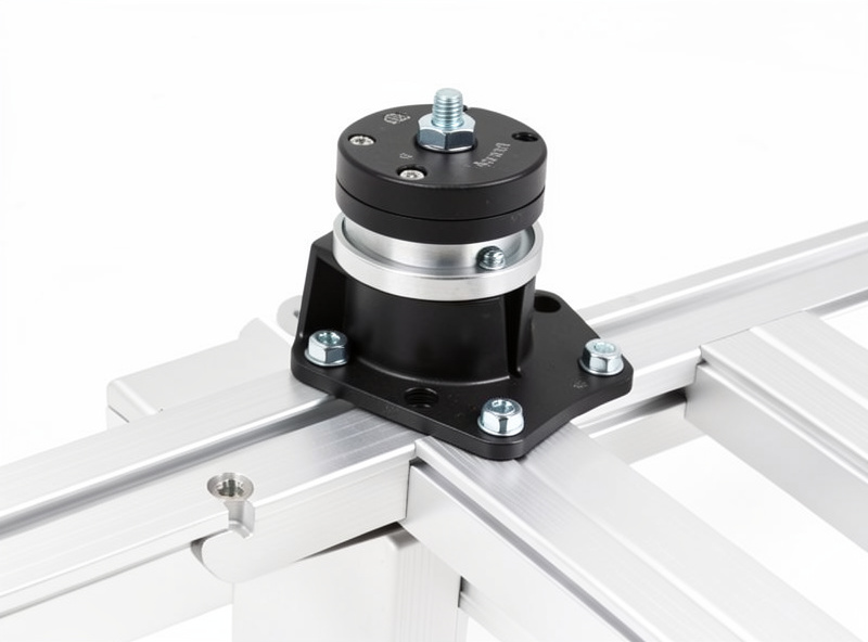 Close-up of a sim racing wheelbase mounted to an aluminum profile wheel deck with bracket hardware
