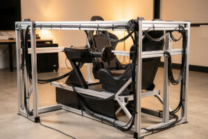 Sim racing rig with tidy cable management routed along the aluminum profile frame